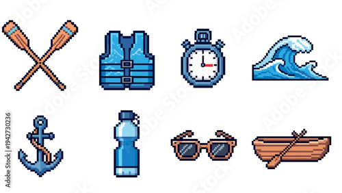 Pixel art water sports icons: life vest, oars, waves, stopwatch, and more