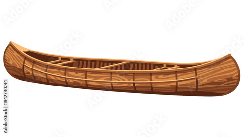 Wooden canoe with detailed texture on white background