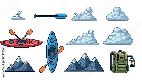 Adventure elements collection: kayaks, clouds, mountains, and backpack in pixel art style
