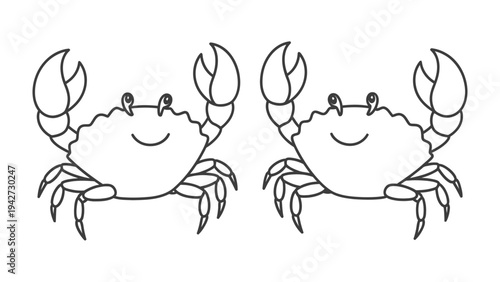 Two smiling crab illustrations : A charming illustration features two identical, smiling crabs with raised claws, designed in simple outlines.