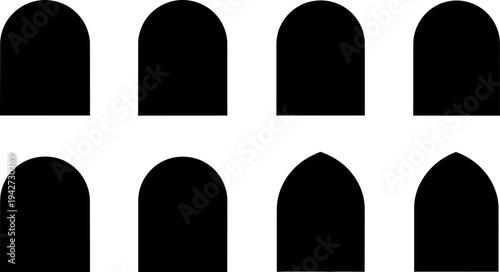 Set of eight black arch-shaped icons arranged in two parallel rows of four each