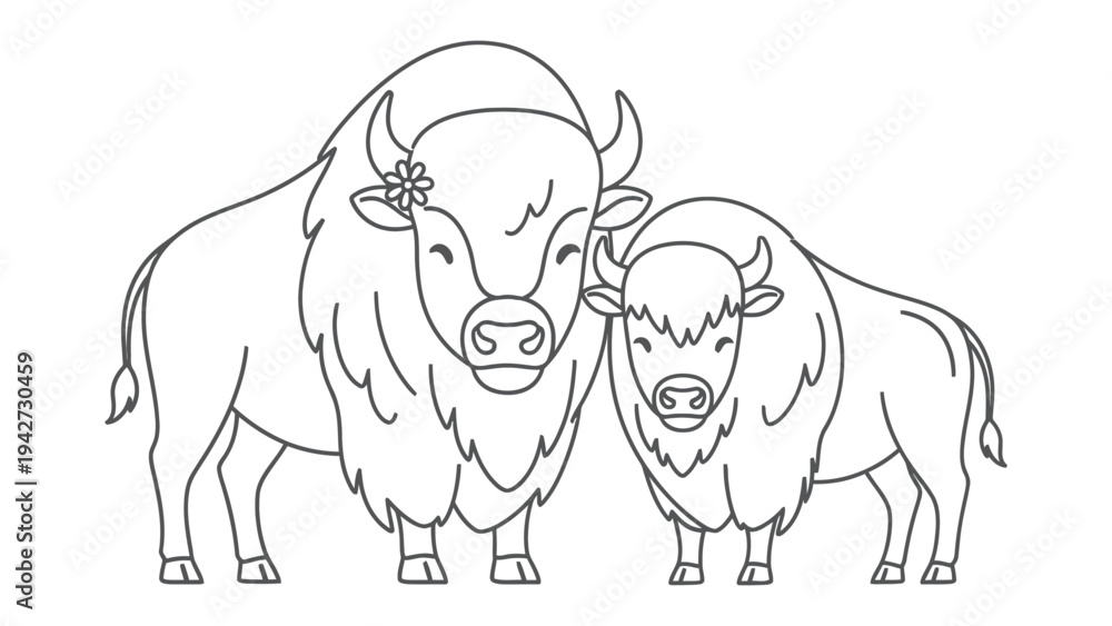 Fototapeta premium Gentle Giants: Adorable illustration featuring two bison, their peaceful gazes and gentle presence bring a sense of harmony.