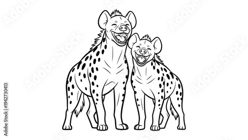 Smiling Spotted Hyenas: A pair of playfully grinning spotted hyenas stand side-by-side, showcasing their distinctive spotted coats and infectious laughter, creating a moment of joy and camaraderie.