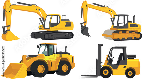 Construction heavy equipment set with excavator bulldozer road roller wheel loader and forklift industrial machinery vector illustration