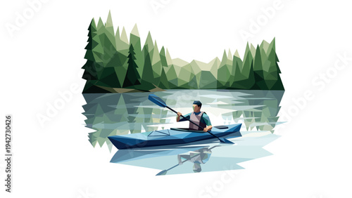 Geometric nature: person kayaking on a lake surrounded by low poly forest landscape