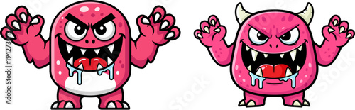 Set of 2 Angry Pink Cartoon Monsters Vector Illustration with Sharp Teeth, Drooling Mouths, and Waving Hands, One with Horns, for Halloween or Kids' Designs