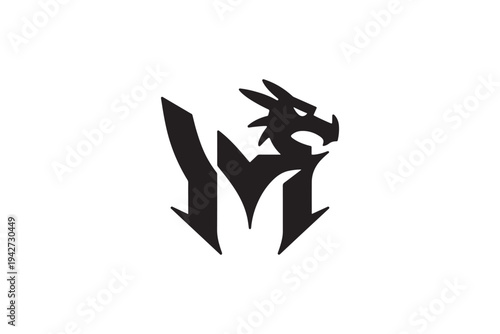 Distinctive black dragon head merged with stylized letter m logo emblem