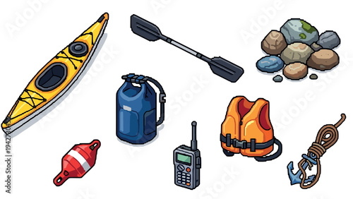 Pixel art kayaking equipment collection featuring gear and safety essentials