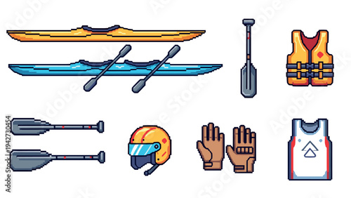 Pixel art kayaking equipment with oars, helmets, and life jackets