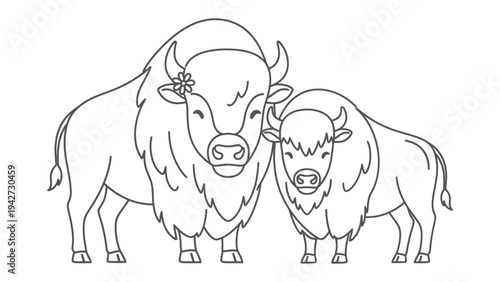 Gentle Giants: Adorable illustration featuring two bison, their peaceful gazes and gentle presence bring a sense of harmony. 