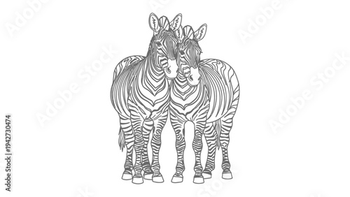 Connected Zebras: Two zebras stand close, heads touching, displaying unity and affection with the unique black and white stripes. A graphic display of partnership in the wild.