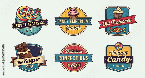 Collection of vintage candy shop logos and emblems.