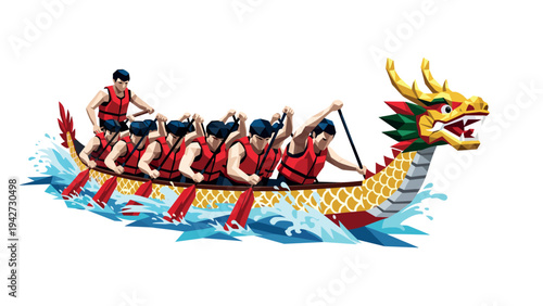 Vibrant dragon boat race team in action with colorful geometric design