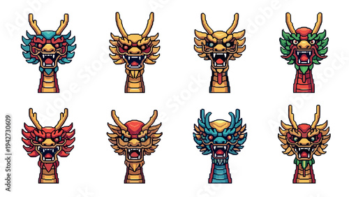 Colorful pixel art dragon heads set with retro fantasy design