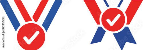 Set of 2 Red and Blue Ribbon Medals with White Checkmark Icons Vector for Achievement, Quality, and Approval Concepts
