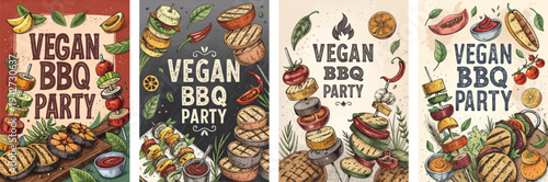 Colorful vegan BBQ party illustration featuring grilled vegetables and skewers.