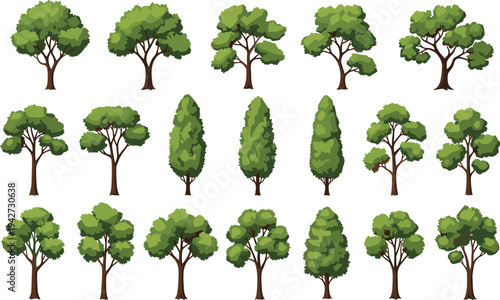 Set of various green trees forest foliage botanical landscape elements collection isolated nature park woodland vector illustration pack