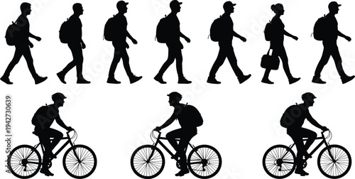 Silhouette Collection of Walking and Cycling Commuters Isolated on White Background Vector Illustration Set Urban Transportation Active Lifestyle People Icons