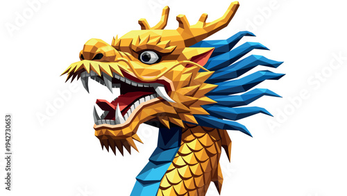 Geometric dragon art: low poly style mythical creature head with vibrant colors