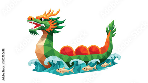 Low poly dragon boat with waves and fish in vibrant colors
