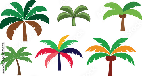 Set of 6 Diverse Tropical Palm Tree Vector Illustrations for Summer, Vacation, and Nature-Themed Designs, Featuring Green, Brown, and Multi-Colored Fronds