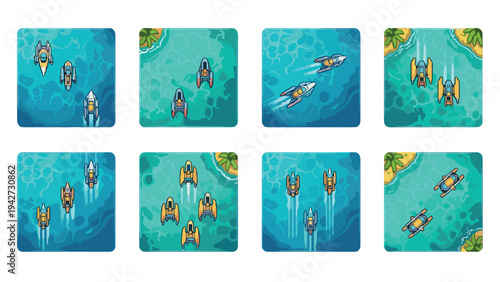 Colorful isometric top-down view of boats racing on tropical waters