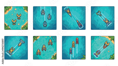 Retro pixel art boats racing on tropical waters with top-down view