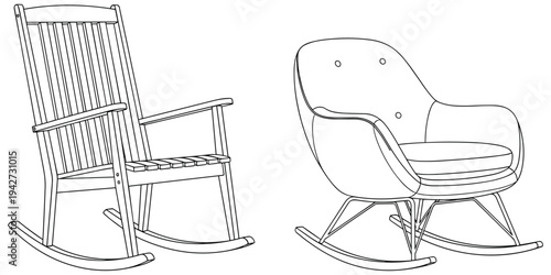 Rocking chair illustration set, black white furniture design, traditional modern motif artwork, classic vintage symbol, contemporary decorative motif, home interior artwork, flat vector drawing