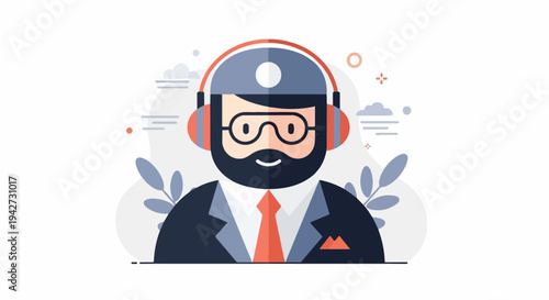 Bearded man with headphones and glasses wearing a suit and tie