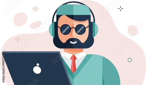 Bearded man with headphones and glasses using a laptop on a pink background
