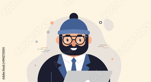 Bearded person in beanie and suit, working on a laptop