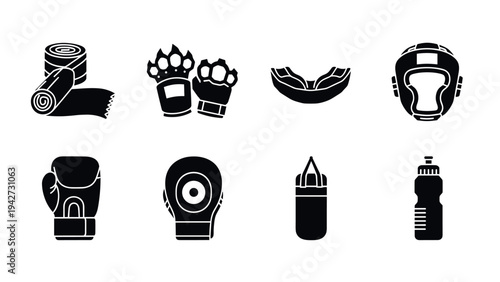 Silhouette boxing equipment icons set: gloves, pads, wraps, mouthguard