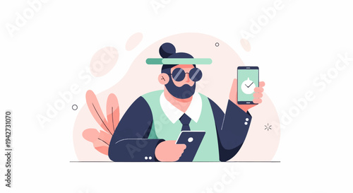 Bearded man with sunglasses and hair bun holds tablet & phone