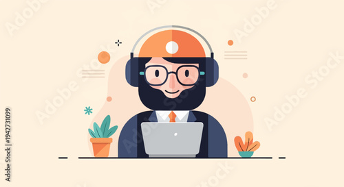 Bearded person wearing headphones works on a laptop at a desk