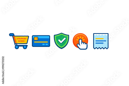 E-commerce icons showing shopping cart, credit card, security shield, click and receipt.