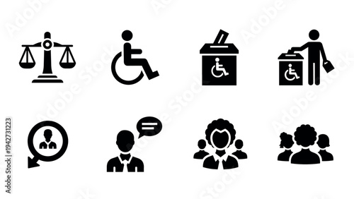 Inclusive icons set: justice, accessibility, voting, communication, community