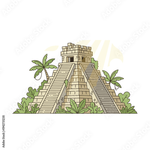 Ancient Mayan Pyramid Structure with Lush Greenery.