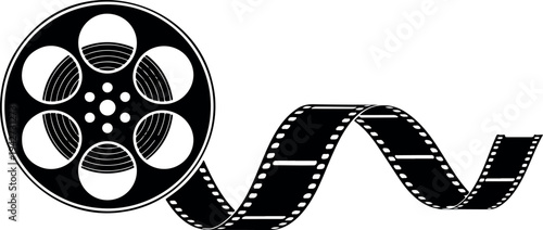 Film reel with flowing movie strip solid icon for cinema production video editing media design and entertainment illustration