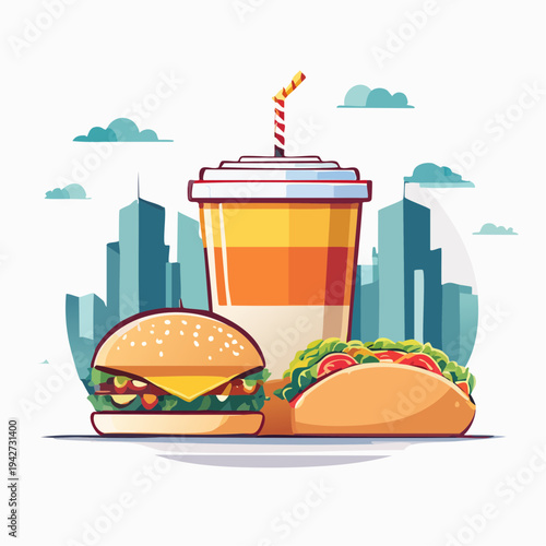 Delicious fast food combo meal with refreshing drink in urban city background