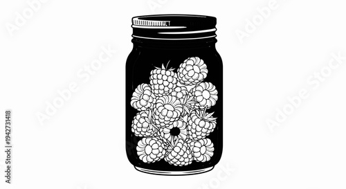 Black and white drawing of a jar filled with raspberries and its lid