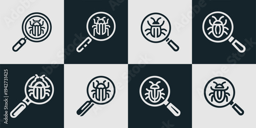 Icon Set Vector of 8 Magnifying Glass and Bug Logo Symbols