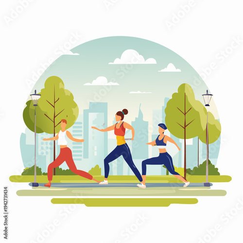 Women exercising in a park with city buildings in the background