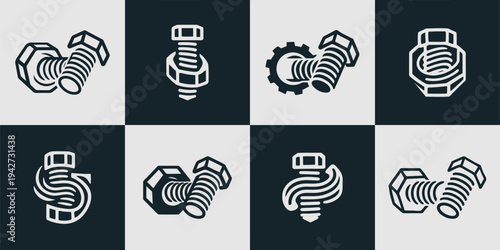 Icon Set Vector of 8 Industrial Bolt and Nut Logo Symbols