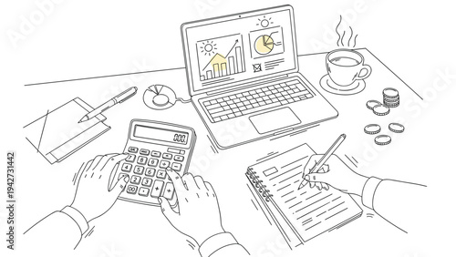 Linear style workspace with laptop, calculator, coffee, and office supplies