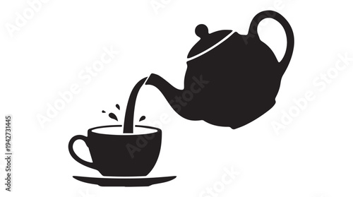 Black silhouette icon of a teapot pouring tea into a cup on a saucer
