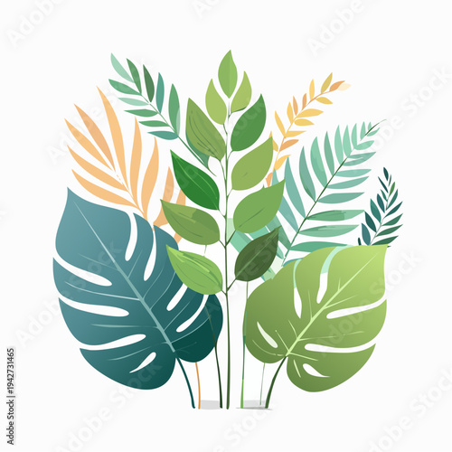 A vibrant, stylized illustration featuring a diverse collection of lush tropical and botanical leaves, showcasing natural beauty and fresh foliage