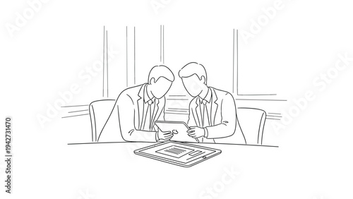 Business meeting collaboration: two professionals discussing digital documents