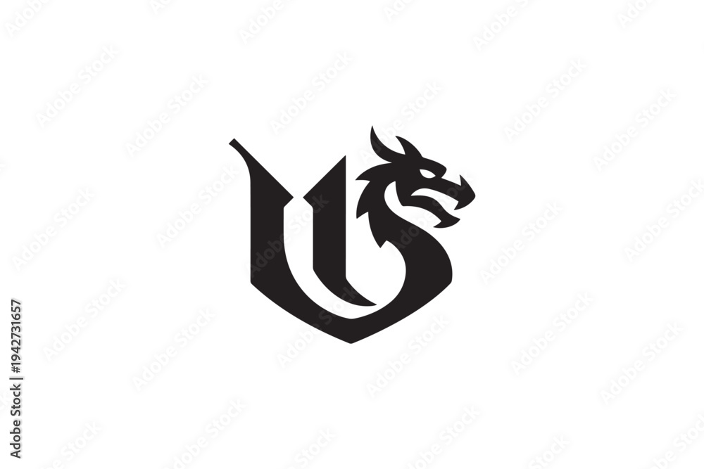 Naklejka premium Distinctive uo logo design featuring a fierce dragon head symbol