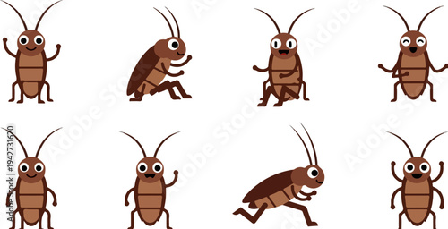 Set of 8 Cute Cartoon Cockroach Vector Illustrations with Various Poses and Expressions for Pest Control, Hygiene, or Humorous Content