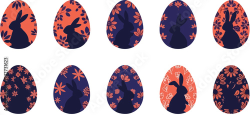 Set of 10 Easter eggs vector illustrations with bunny silhouettes and floral patterns in orange and dark blue for holiday designs